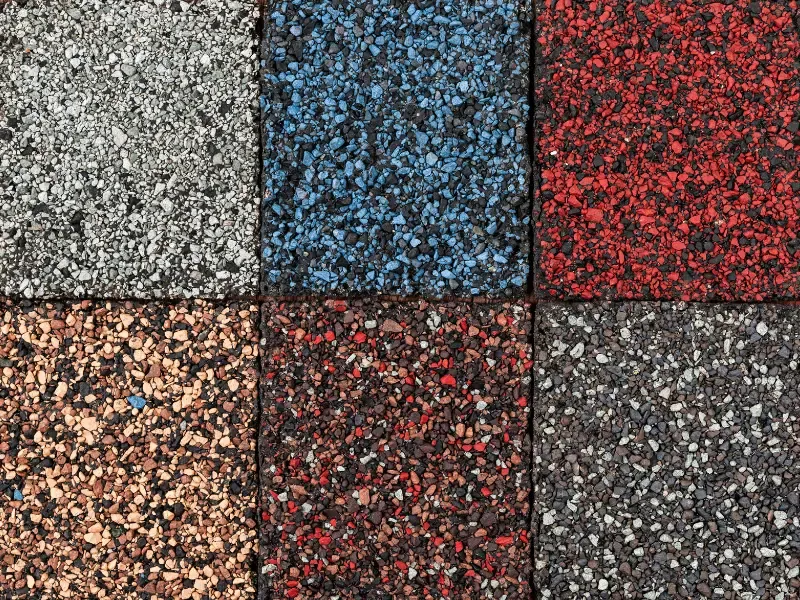 Variety of sample colors of asphalt shingles.