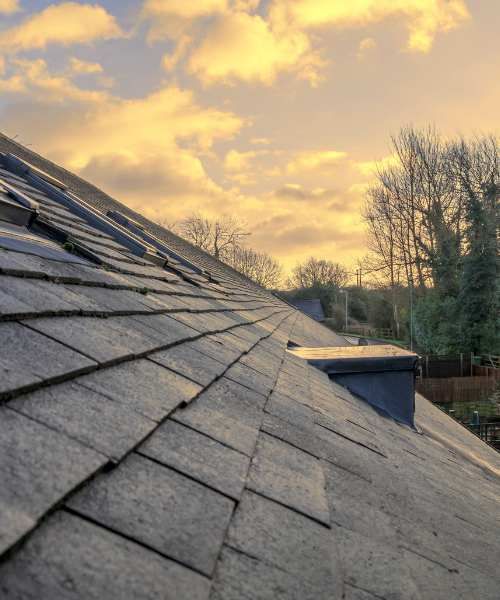 Side profile of a residential roof during sunset.
